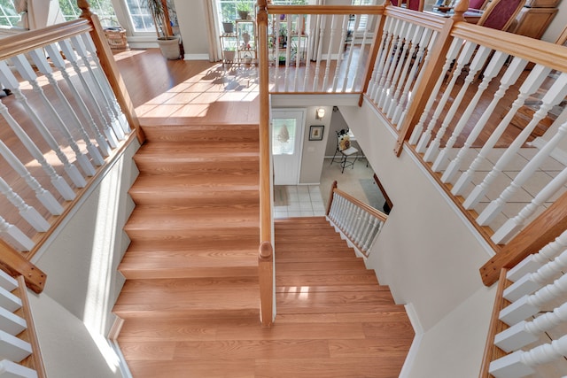 stairway with hardwood / wood-style floors