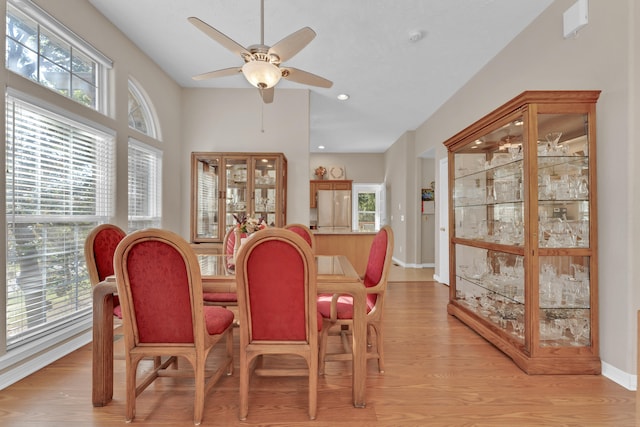 dining room with ceiling fan and light hardwood / wood-style floors