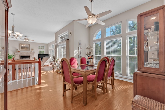 dining area featuring a brick fireplace, light hardwood / wood-style floors, a wealth of natural light, and a textured ceiling