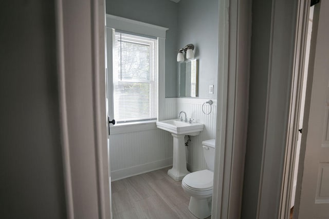 bathroom featuring wood-type flooring and toilet