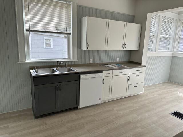 kitchen with white dishwasher, plenty of natural light, white cabinetry, and sink