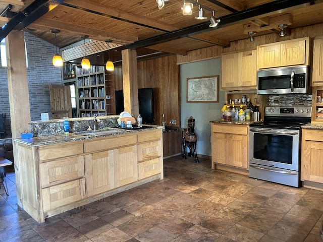 kitchen with wood walls, a sink, light brown cabinetry, and appliances with stainless steel finishes