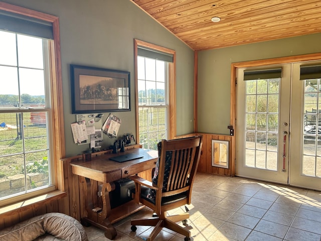 tiled home office featuring wooden ceiling, vaulted ceiling, and a wealth of natural light