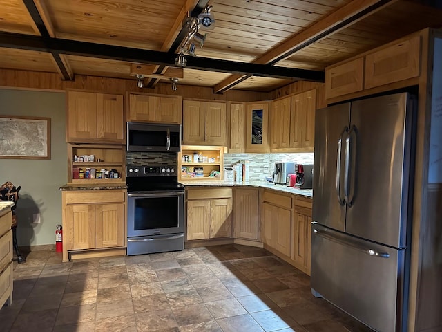 kitchen with baseboards, backsplash, beam ceiling, stainless steel appliances, and wood ceiling