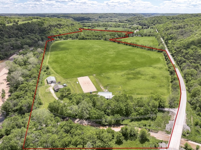 80 State Route Kk, Washburn, MO 65772 - aerial view of property and surrounding area with property parcel outlined and a heavily wooded area
