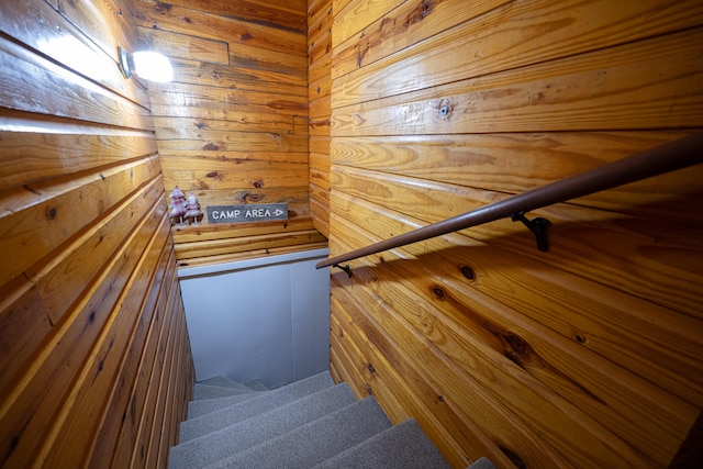 staircase with wooden walls