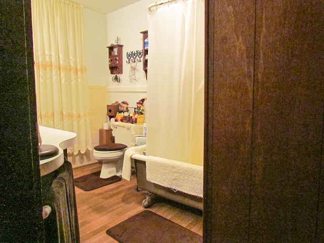 bathroom featuring toilet, a shower with shower curtain, and wood finished floors