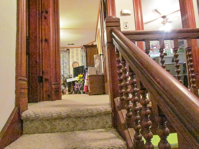 stairs featuring carpet and a ceiling fan