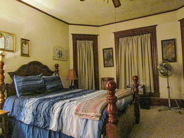 bedroom featuring carpet and crown molding