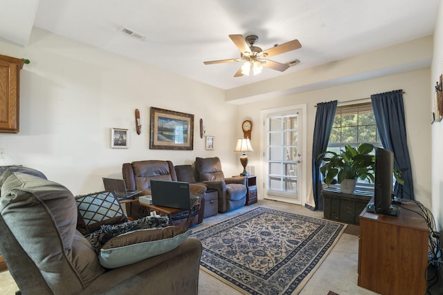 living room with ceiling fan