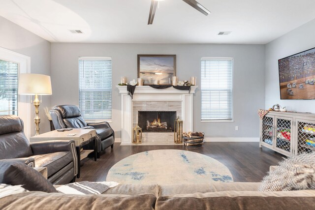 living room featuring a fireplace, dark hardwood / wood-style flooring, and a healthy amount of sunlight