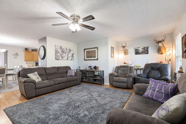 living room featuring ceiling fan, wood-type flooring, and a textured ceiling