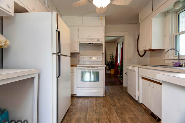 kitchen featuring dark wood-type flooring, white appliances, white cabinets, and ceiling fan