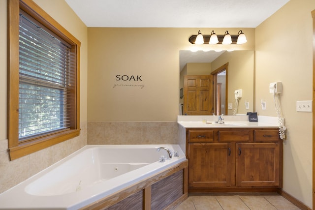 bathroom featuring vanity, a bathing tub, and tile patterned flooring