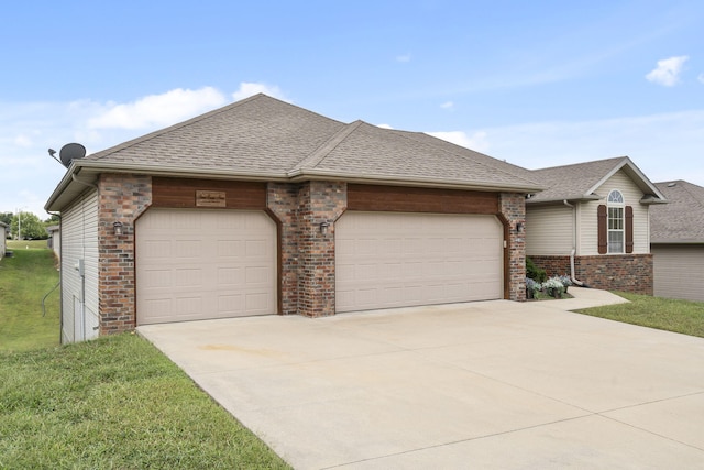 view of front of property featuring concrete driveway, an attached garage, brick siding, and a shingled roof