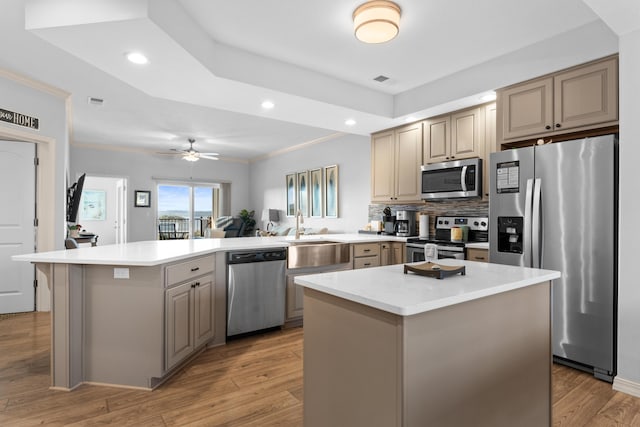 kitchen featuring a sink, decorative backsplash, ceiling fan, a peninsula, and appliances with stainless steel finishes