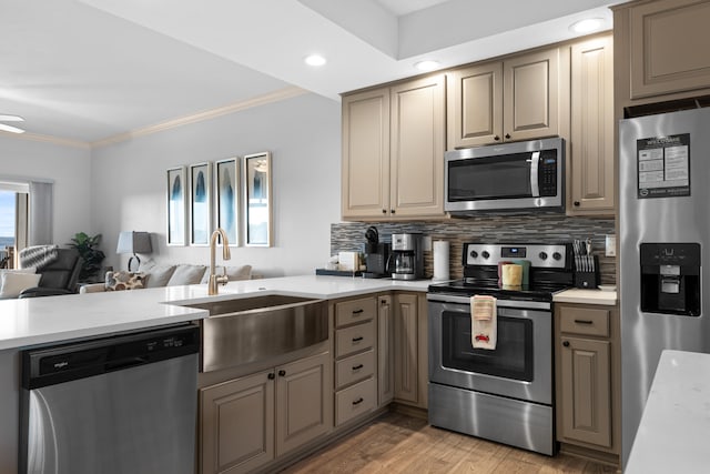 kitchen with sink, tasteful backsplash, light hardwood / wood-style flooring, stainless steel appliances, and crown molding