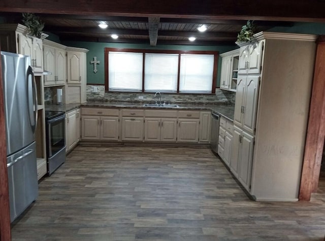 kitchen with stainless steel appliances, sink, dark wood-type flooring, and wood ceiling