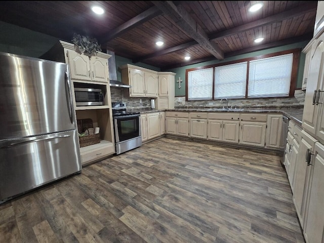 kitchen featuring appliances with stainless steel finishes, dark hardwood / wood-style floors, tasteful backsplash, sink, and wall chimney exhaust hood