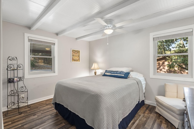 bedroom with beam ceiling, baseboards, and dark wood-style flooring