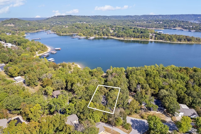 aerial view featuring a water view and a wooded view
