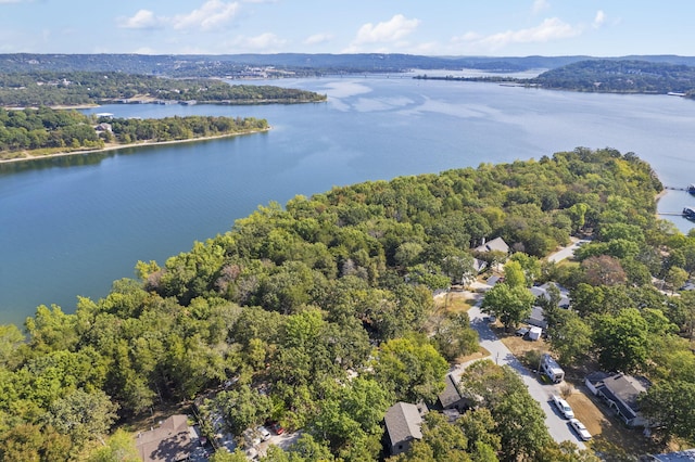 birds eye view of property featuring a water view and a wooded view