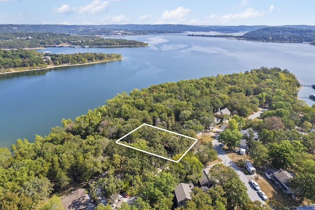 birds eye view of property with a water view and a wooded view