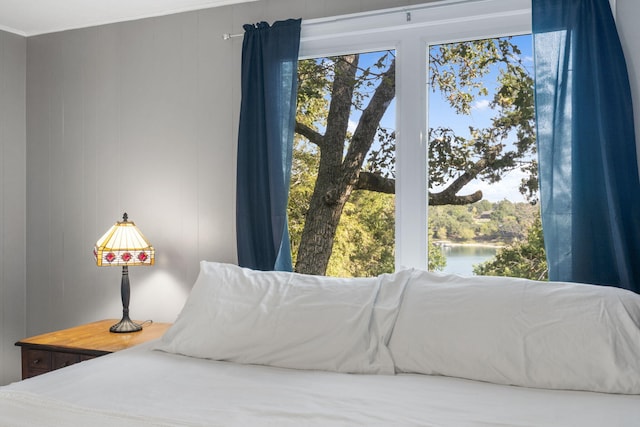 bedroom with a water view and ornamental molding