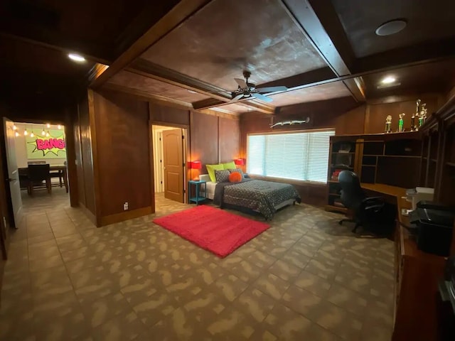 bedroom with coffered ceiling and beam ceiling