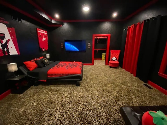 home theater room featuring carpet floors