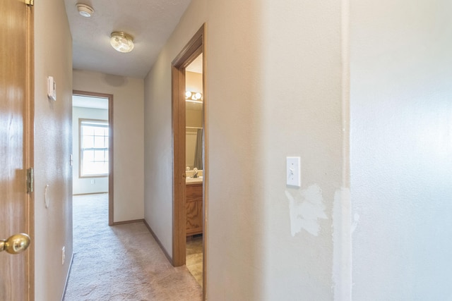 corridor with light carpet and a textured ceiling