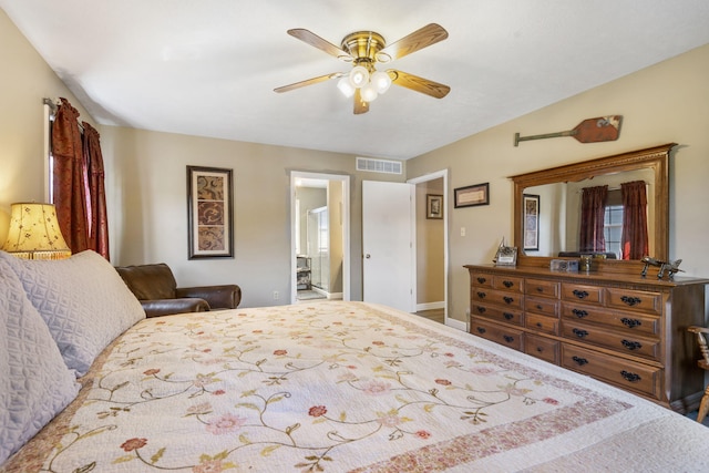 bedroom featuring connected bathroom and ceiling fan