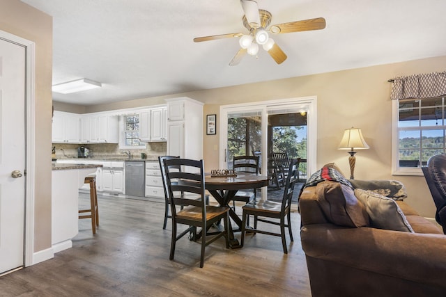 dining space featuring ceiling fan, sink, and dark hardwood / wood-style flooring