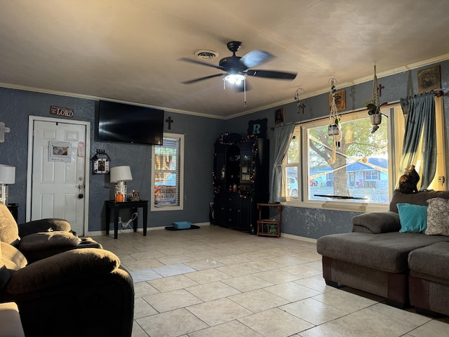 10603 N Main St, Butterfield, MO 65625 - living area with a ceiling fan, baseboards, ornamental molding, and light tile patterned flooring