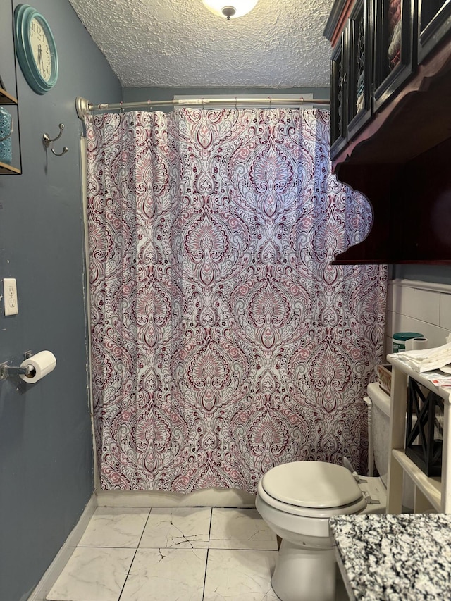 10603 N Main St, Butterfield, MO 65625 - bathroom with a shower with shower curtain, a textured ceiling, toilet, and vanity