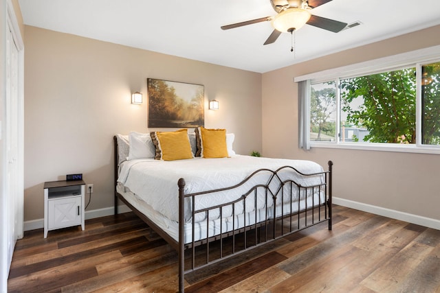 bedroom featuring multiple windows, ceiling fan, a closet, and dark hardwood / wood-style flooring