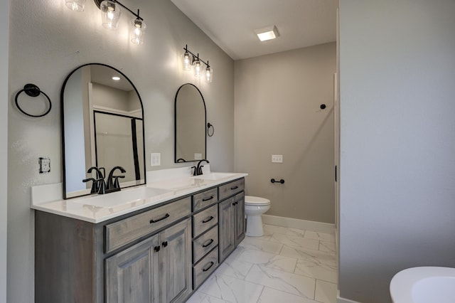 full bathroom with vanity, independent shower and bath, and toilet