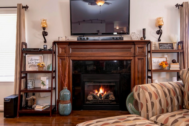 living area with ceiling fan and dark wood-type flooring