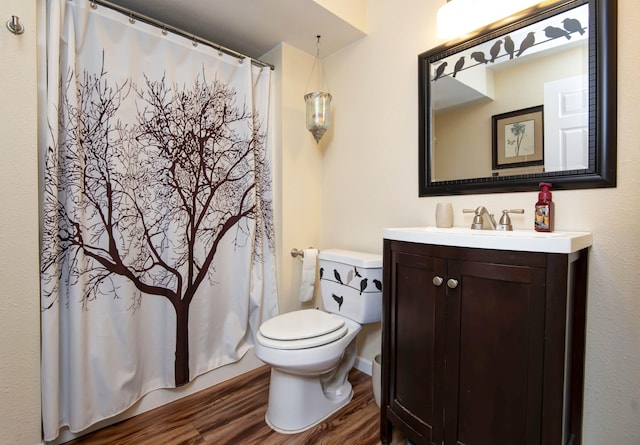 bathroom with hardwood / wood-style floors, vanity, and toilet