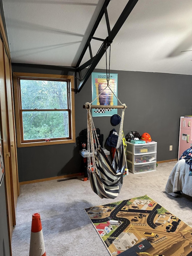 7020 N Farm Road 69, Walnut Grove, MO 65770 - bedroom with refrigerator, carpet floors, lofted ceiling, and baseboards
