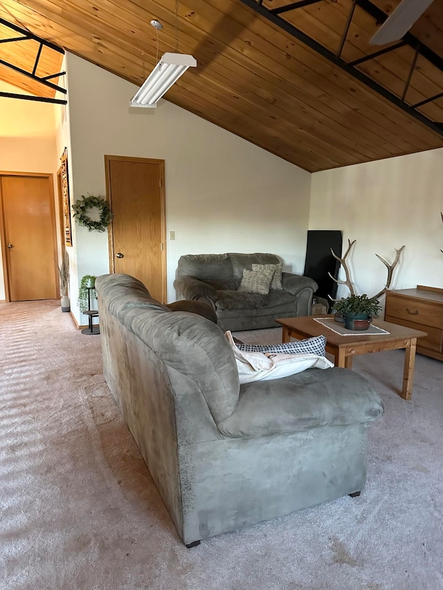 living room with vaulted ceiling, wood ceiling, and light colored carpet