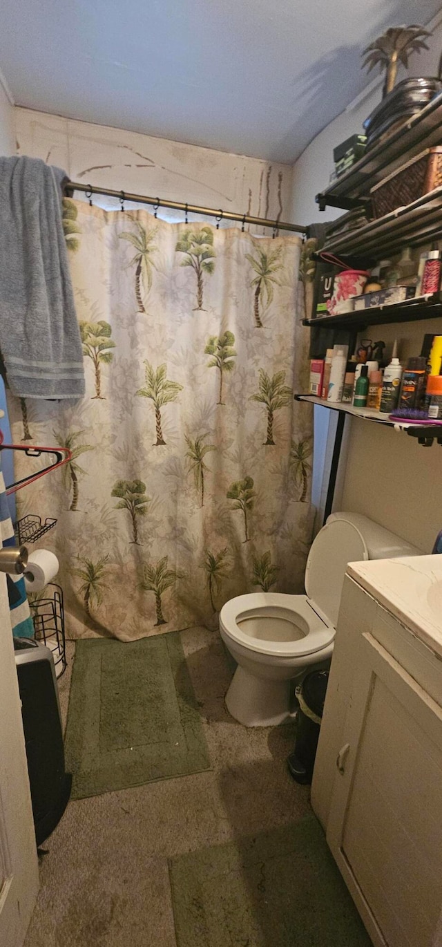 bathroom featuring walk in shower, vanity, and toilet