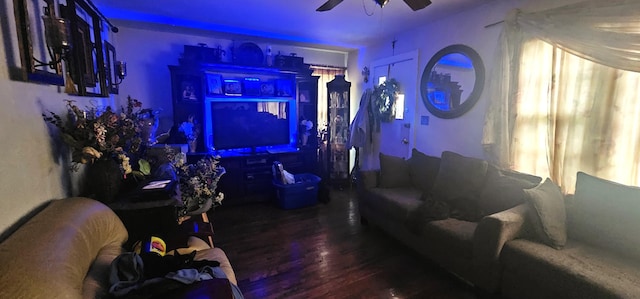 living room featuring ceiling fan and wood-type flooring