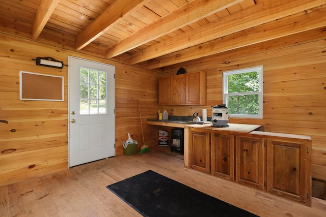 kitchen with beamed ceiling, wood ceiling, wood walls, kitchen peninsula, and light hardwood / wood-style flooring