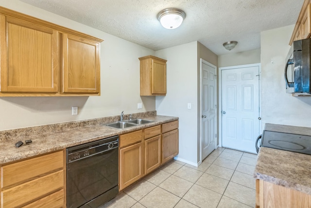 kitchen featuring light tile patterned flooring, black appliances, sink, and a textured ceiling