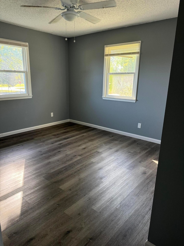 spare room featuring a textured ceiling, dark hardwood / wood-style floors, and a healthy amount of sunlight