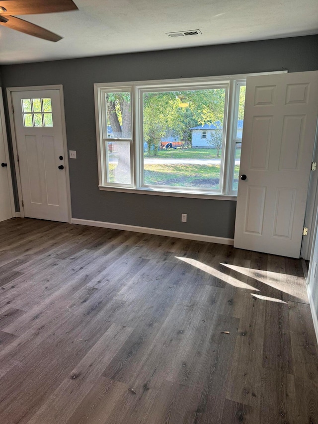 entryway featuring hardwood / wood-style flooring and ceiling fan