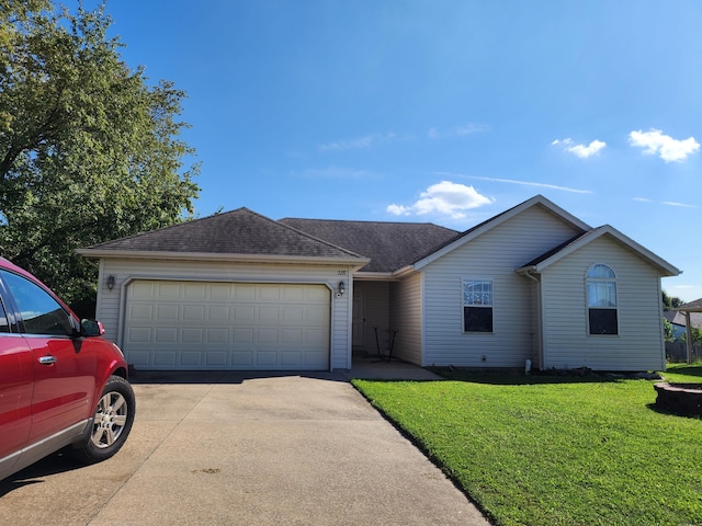 328 W Summit St, Aurora, MO 65605 - ranch-style home featuring an attached garage, driveway, a front lawn, and roof with shingles