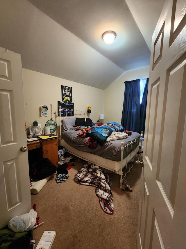 bedroom featuring lofted ceiling and carpet flooring