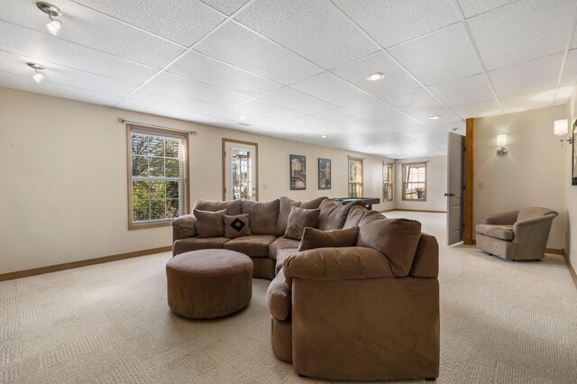 carpeted living room with baseboards, a paneled ceiling, and a healthy amount of sunlight